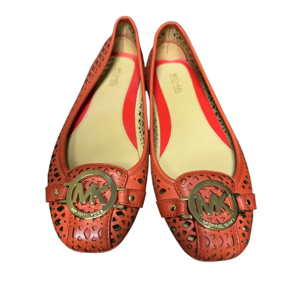 Michael Kors Orange Laser Cut Leather Ballet Flats With Gold MK Logo Womens Size